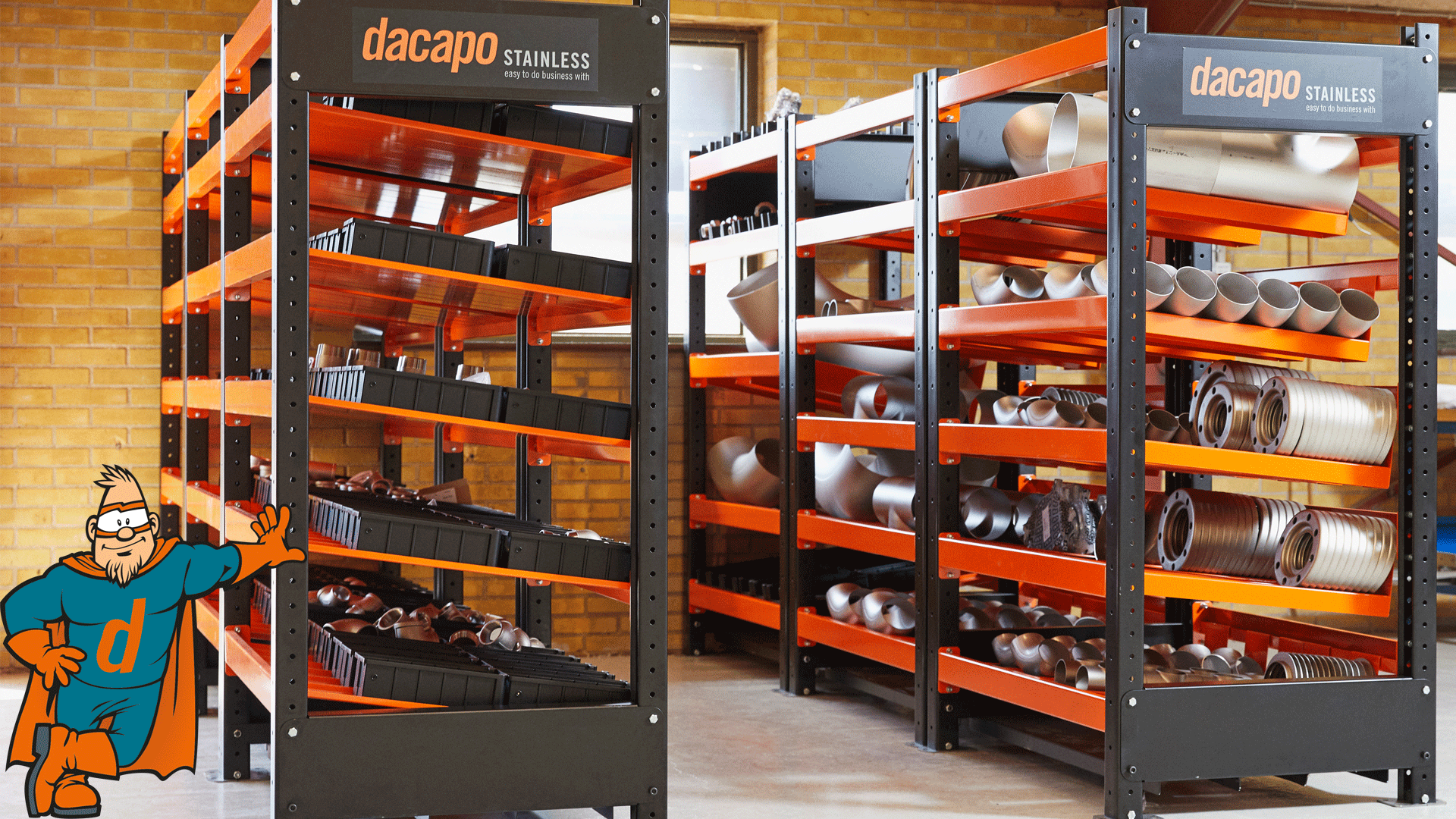 Official EasyShelf product composition showing labelled fittings racks. Context for the historical ROCKWOOL testimonial; not identified as a photograph of ROCKWOOL’s installation.